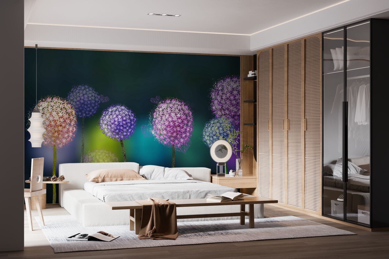 Fotobehang abstractie van gekleurde paardenbloemen in de schemering