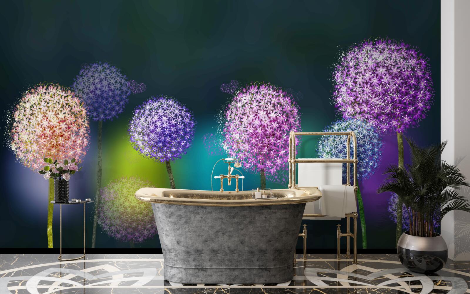 Fotobehang abstractie van gekleurde paardenbloemen in de schemering