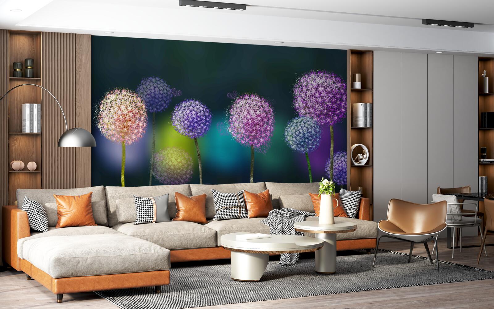 Fotobehang abstractie van gekleurde paardenbloemen in de schemering