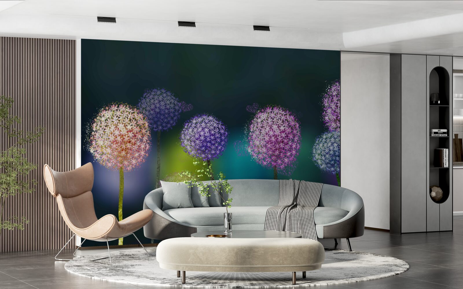 Fotobehang abstractie van gekleurde paardenbloemen in de schemering