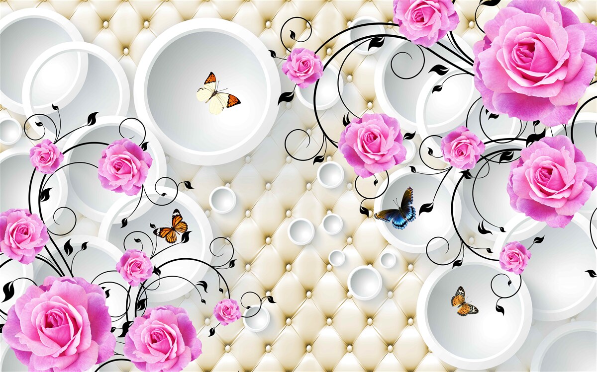 Fotobehang roze rozen en vlinders op een achtergrond van abstracte cirkels