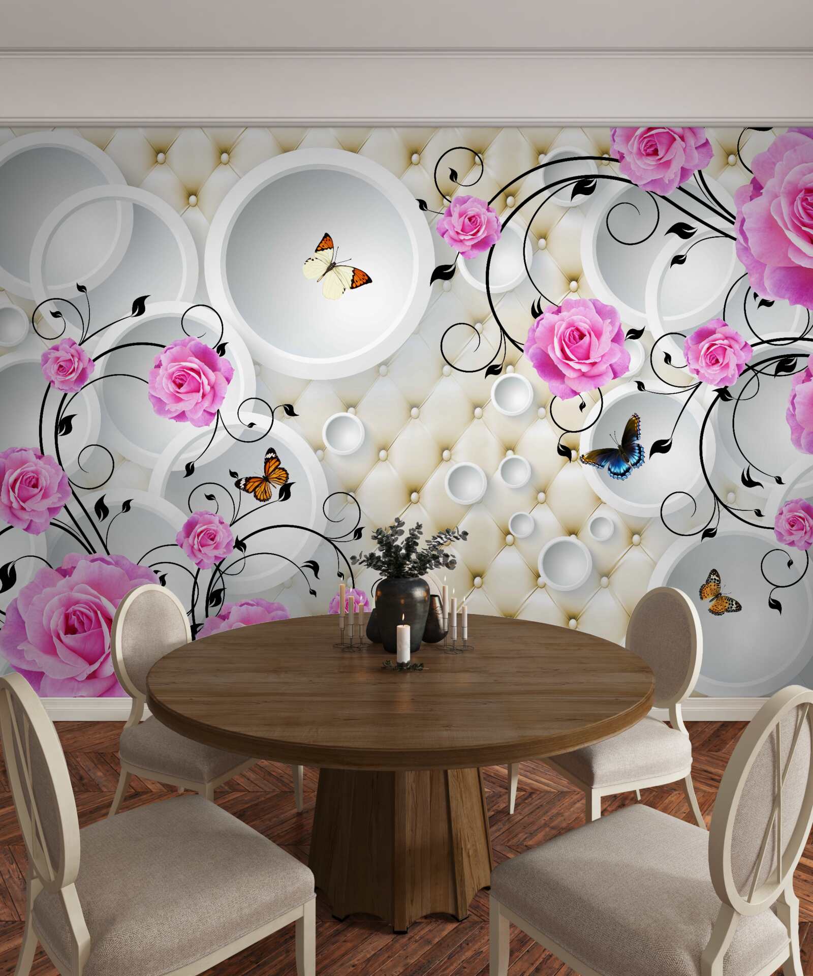 Fotobehang roze rozen en vlinders op een achtergrond van abstracte cirkels