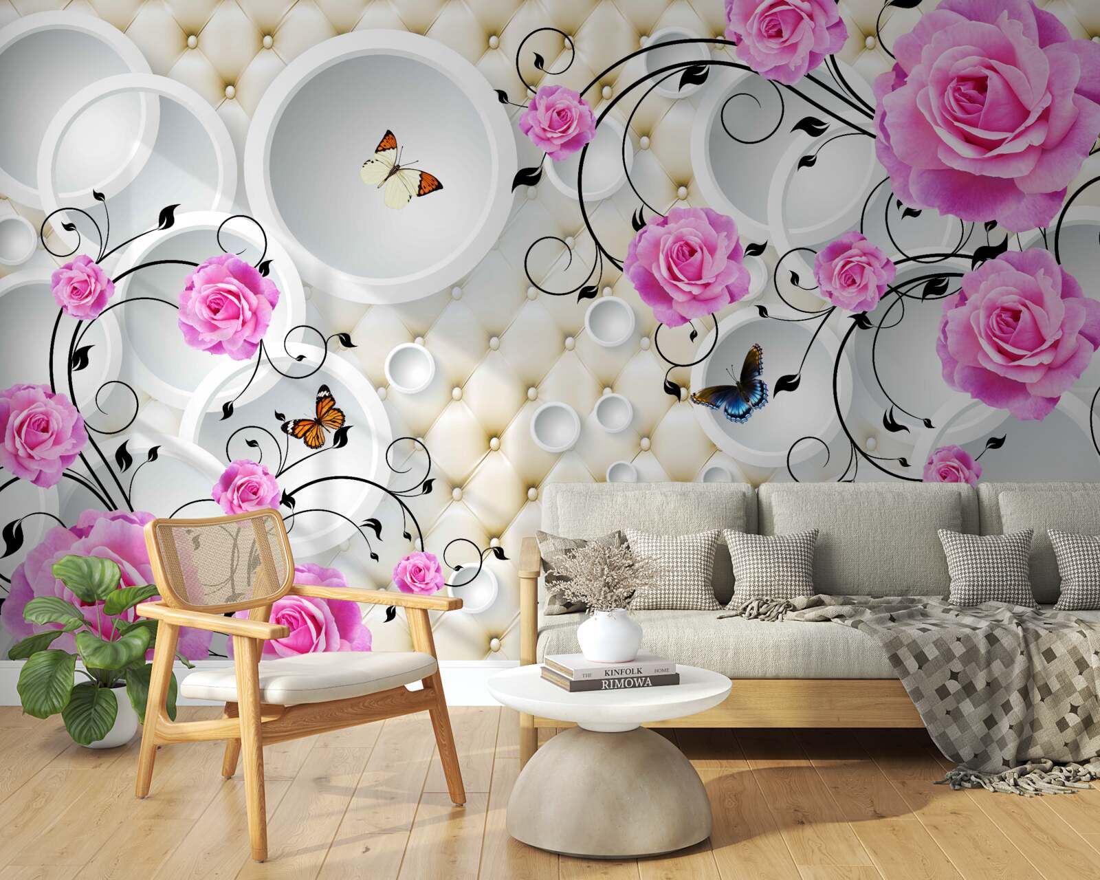 Fotobehang roze rozen en vlinders op een achtergrond van abstracte cirkels