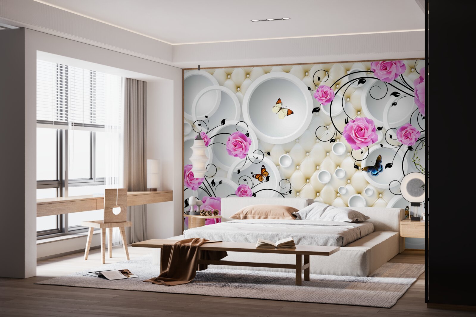 Fotobehang roze rozen en vlinders op een achtergrond van abstracte cirkels