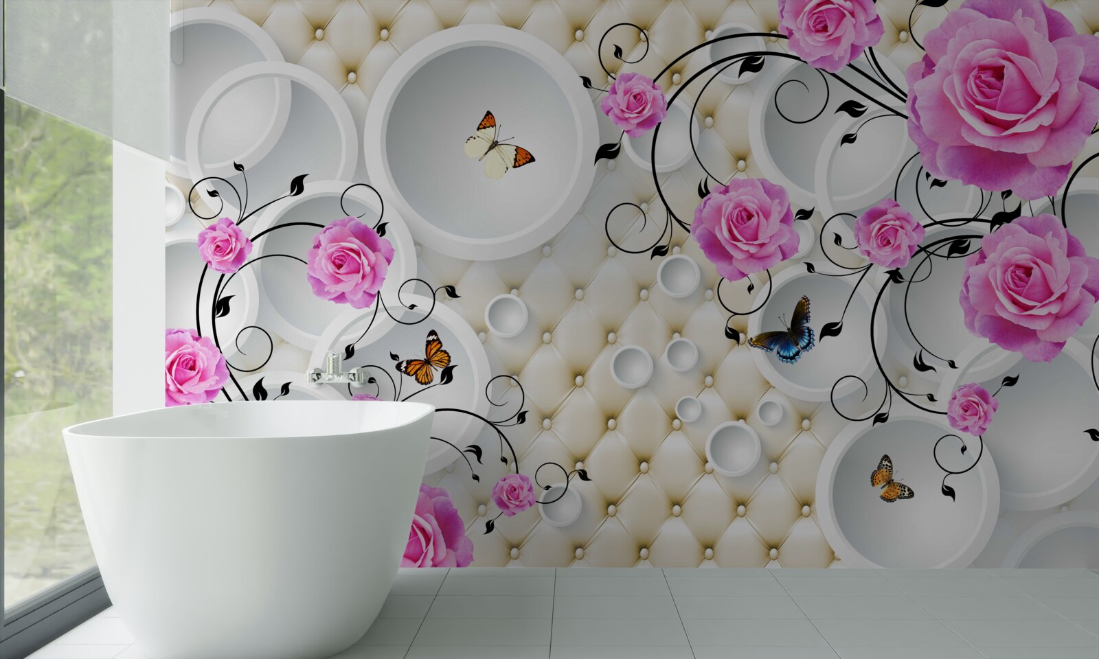Fotobehang roze rozen en vlinders op een achtergrond van abstracte cirkels