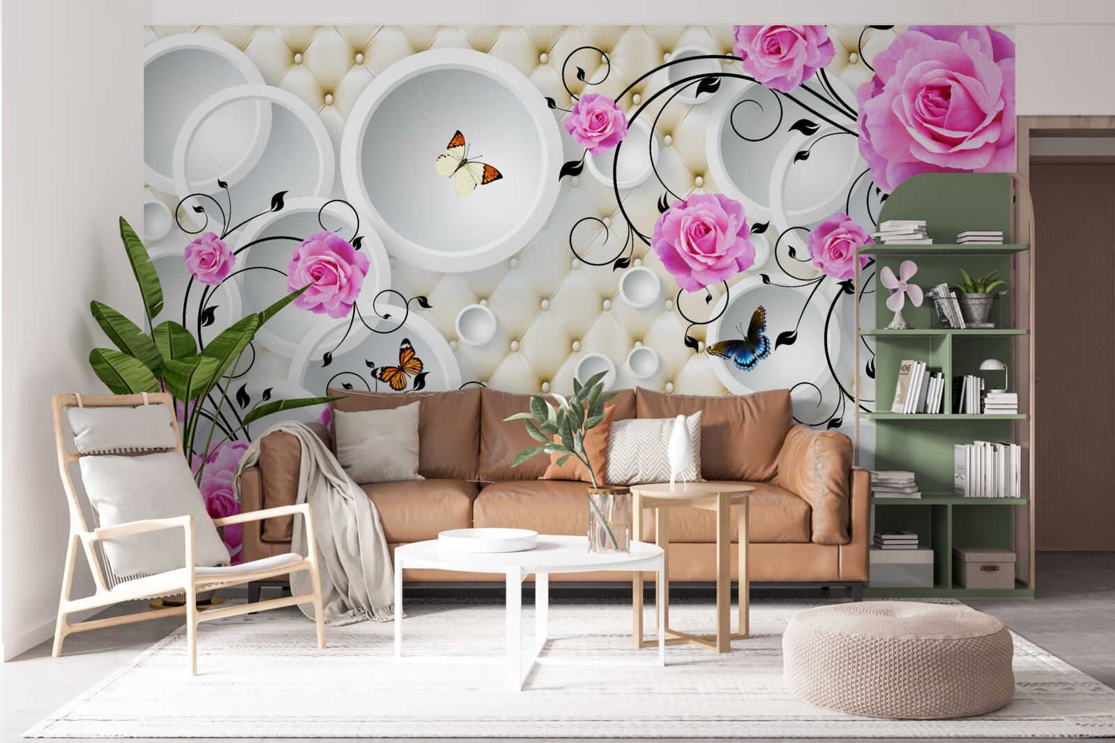 Fotobehang roze rozen en vlinders op een achtergrond van abstracte cirkels