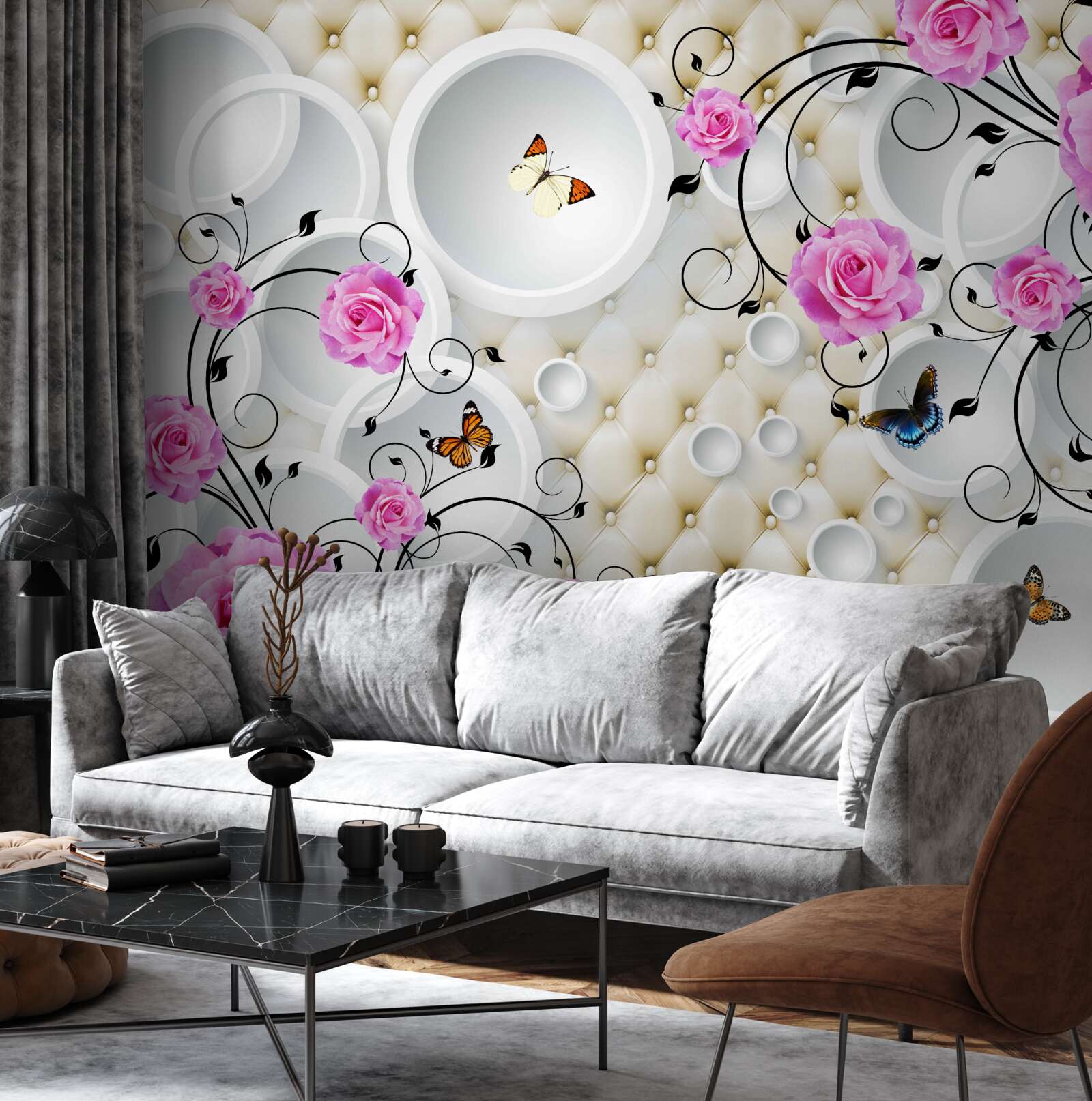 Fotobehang roze rozen en vlinders op een achtergrond van abstracte cirkels