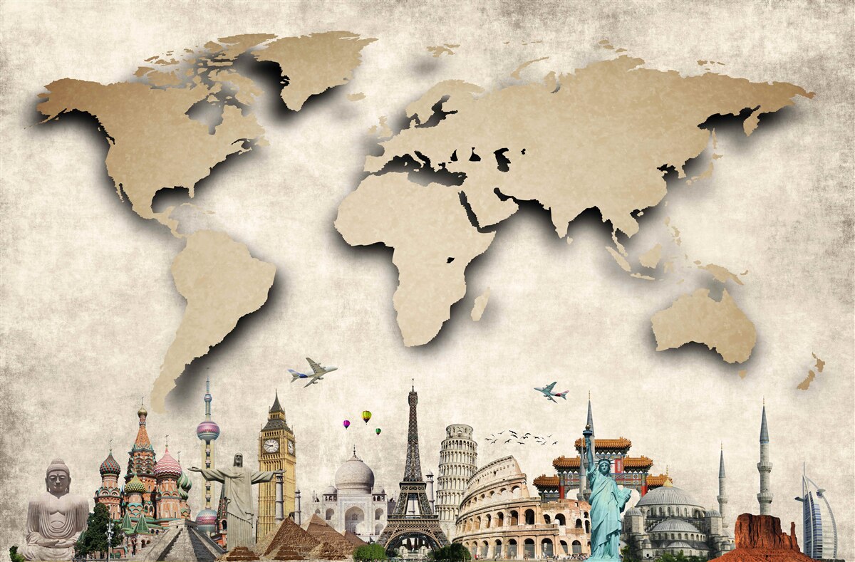Fotobehang wereldkaart en belangrijkste bezienswaardigheden