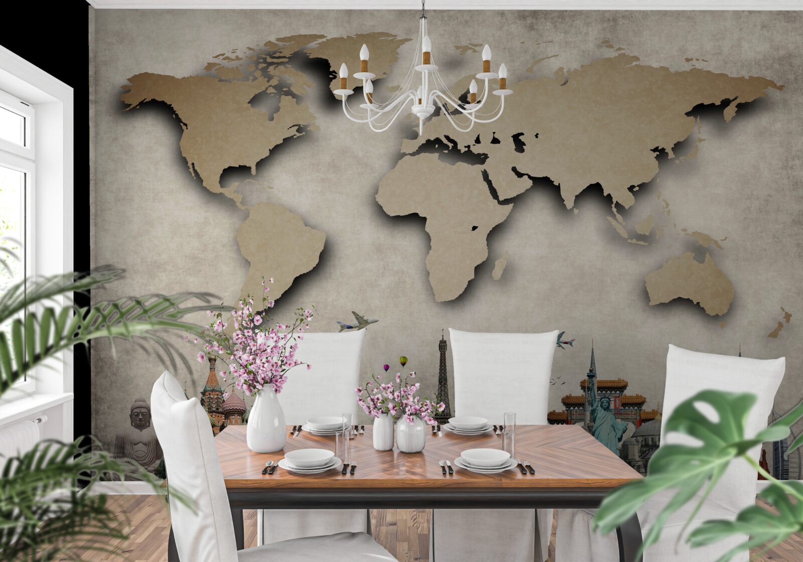 Fotobehang wereldkaart en belangrijkste bezienswaardigheden