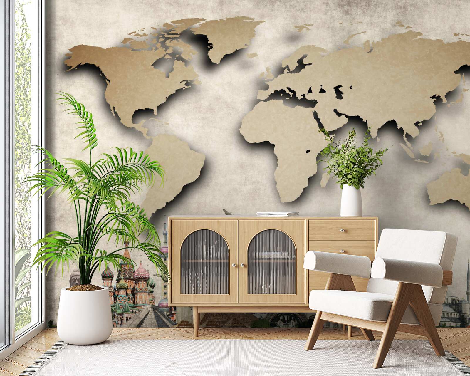 Fotobehang wereldkaart en belangrijkste bezienswaardigheden