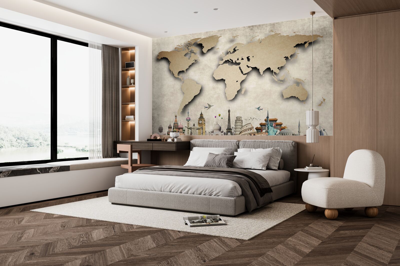 Fotobehang wereldkaart en belangrijkste bezienswaardigheden