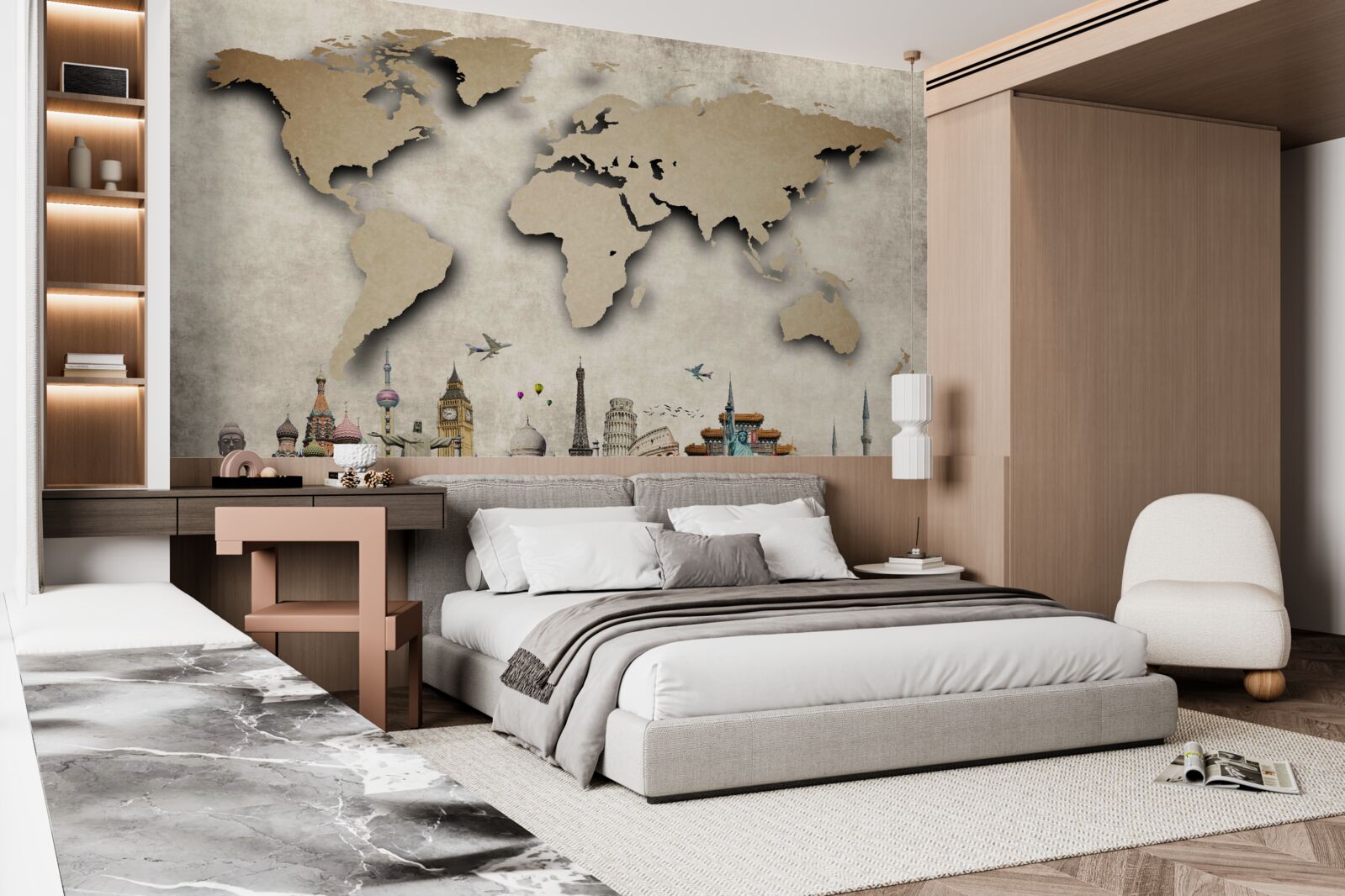 Fotobehang wereldkaart en belangrijkste bezienswaardigheden