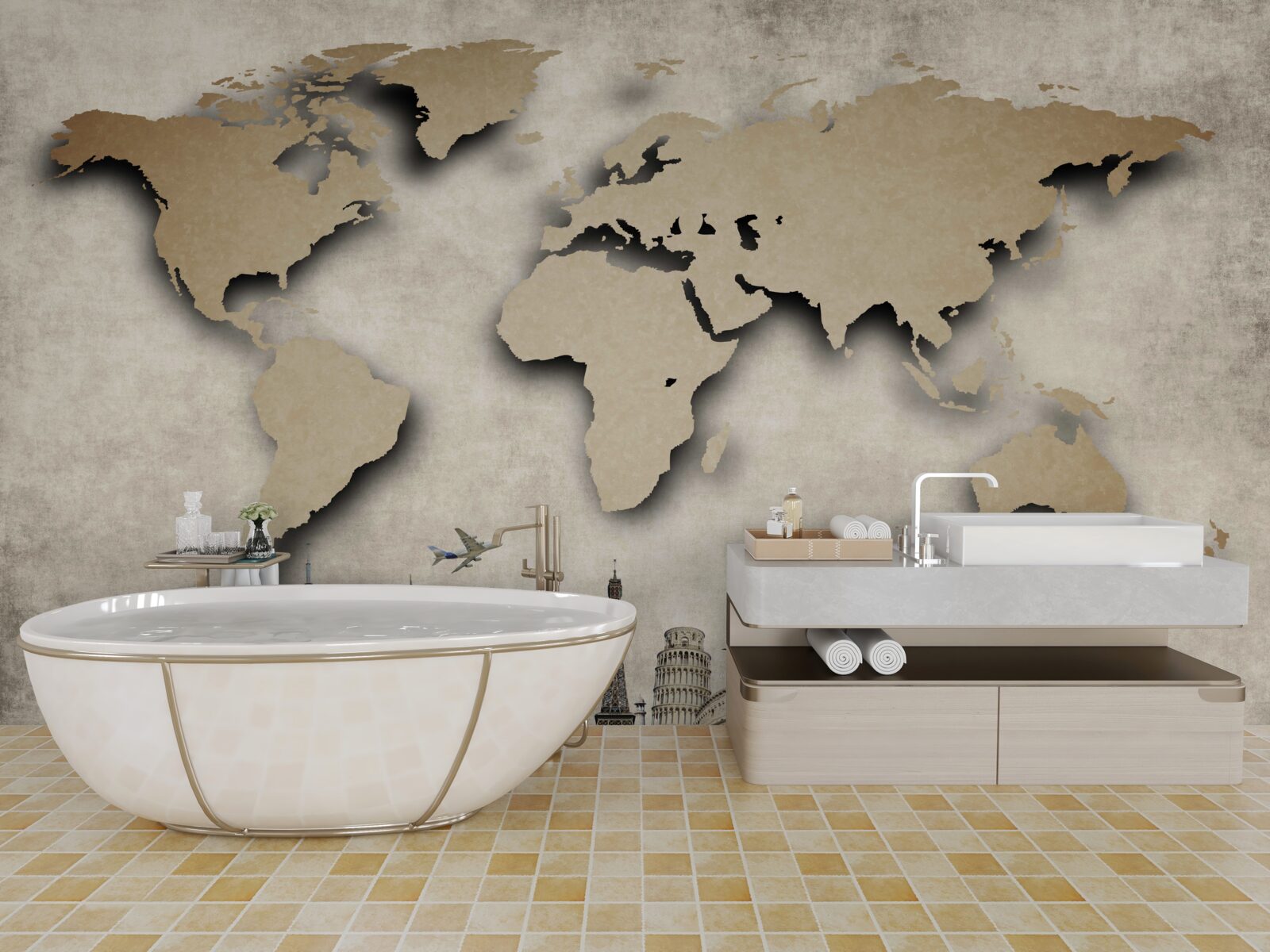 Fotobehang wereldkaart en belangrijkste bezienswaardigheden