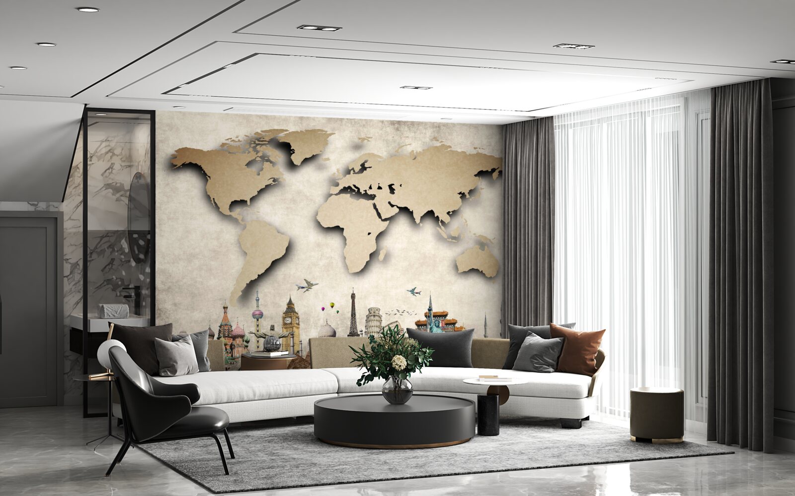 Fotobehang wereldkaart en belangrijkste bezienswaardigheden