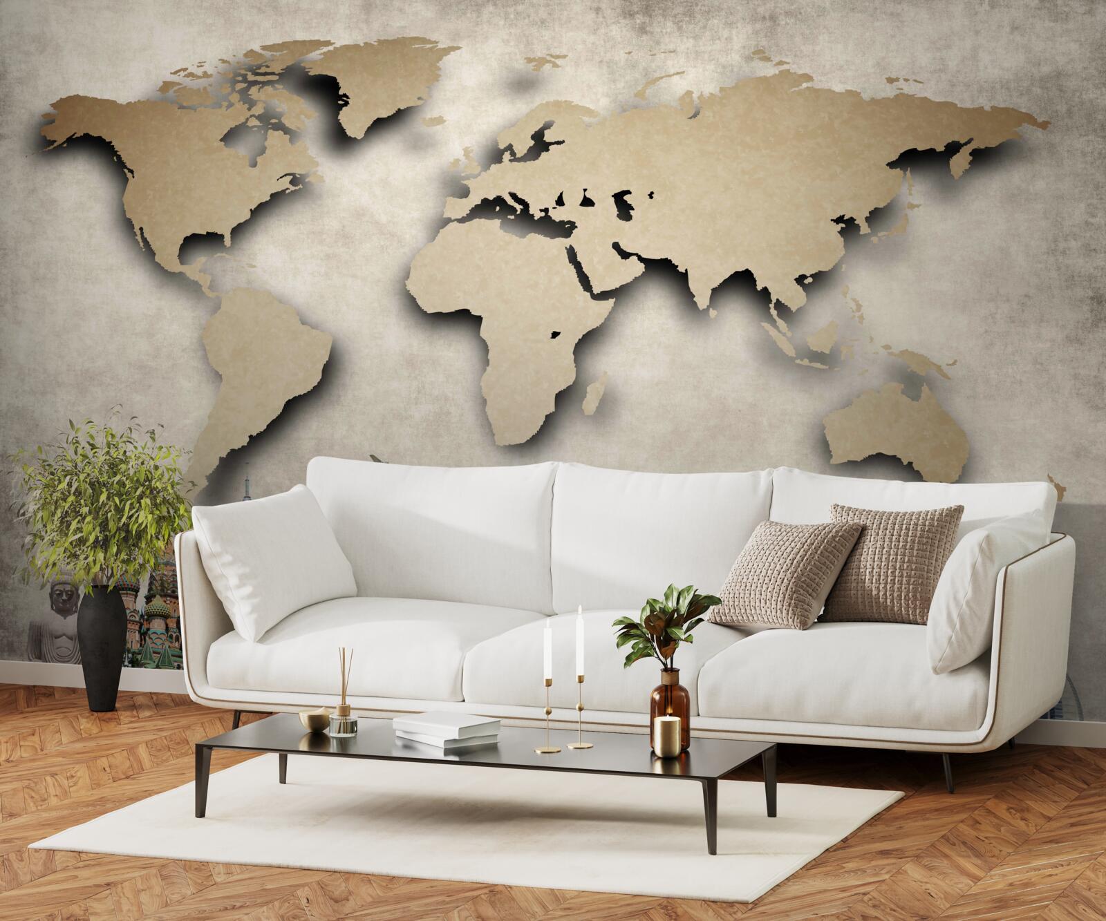 Fotobehang wereldkaart en belangrijkste bezienswaardigheden
