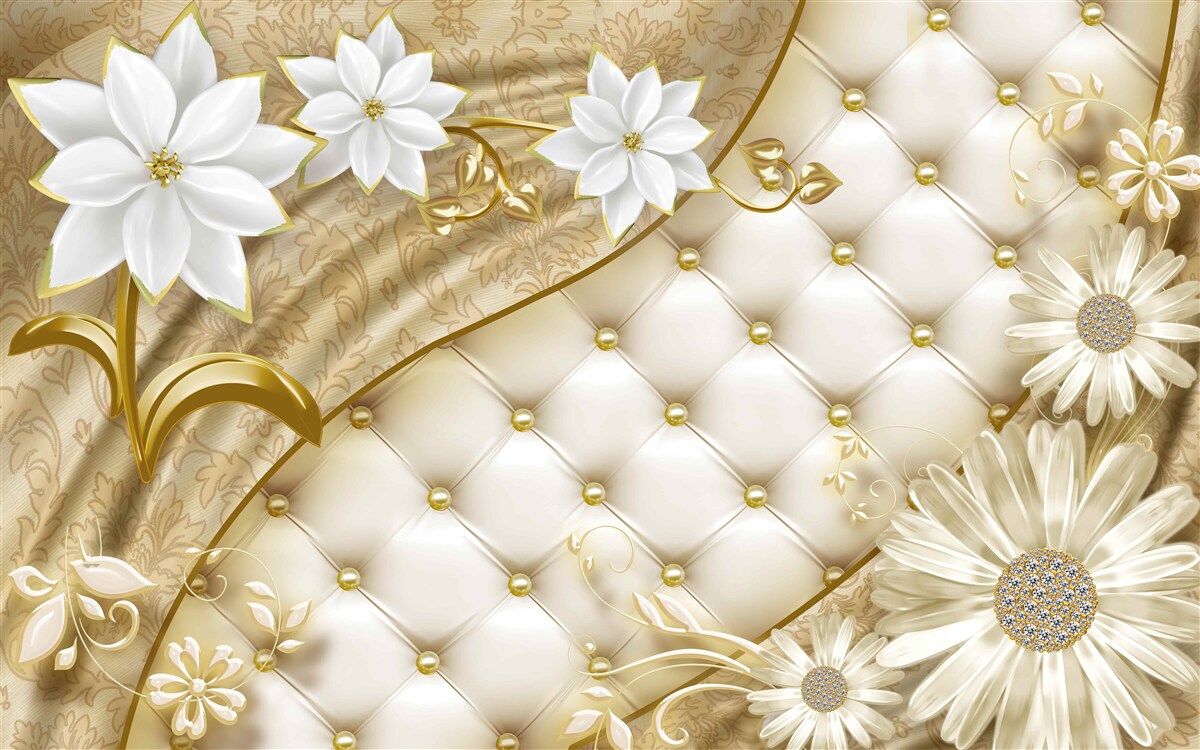 Fotobehang stof versierd met parels, witte bloemen en gouden accenten