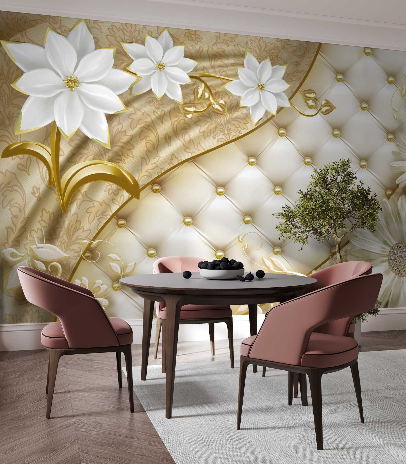 Fotobehang stof versierd met parels, witte bloemen en gouden accenten