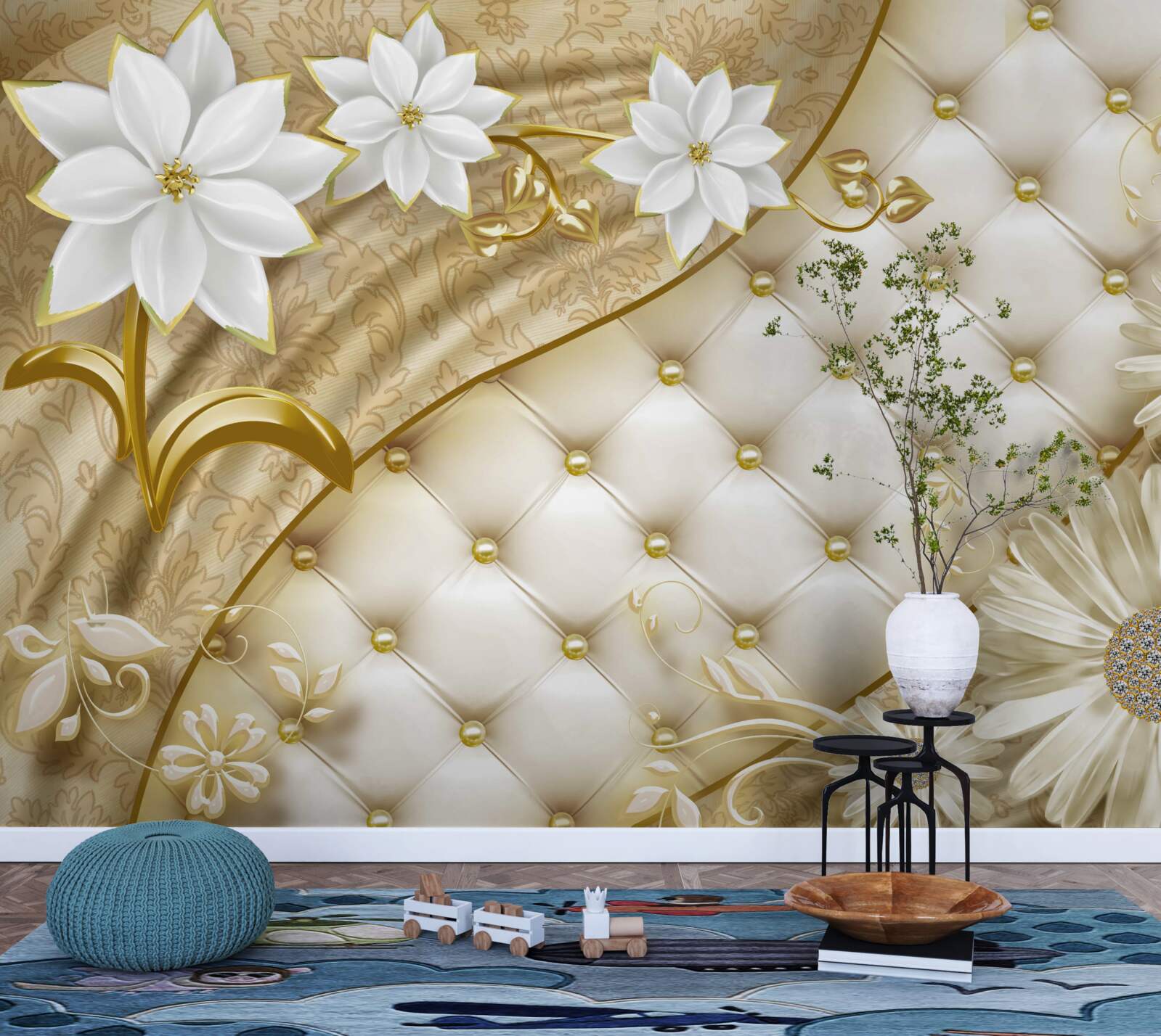 Fotobehang stof versierd met parels, witte bloemen en gouden accenten