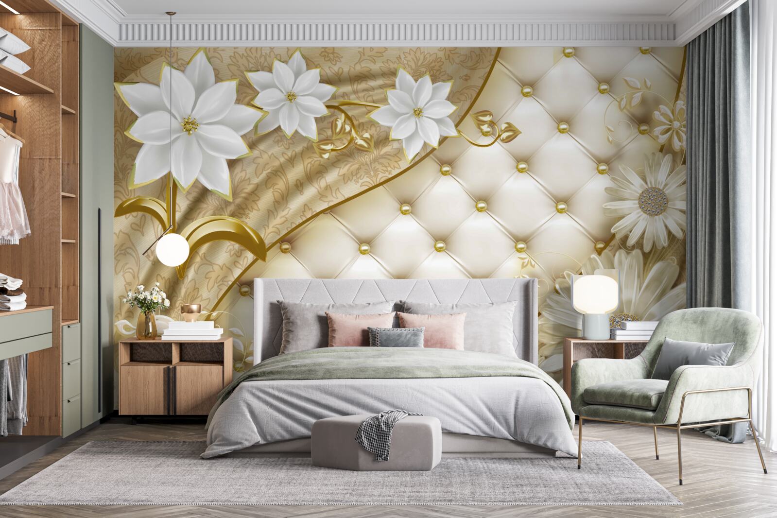 Fotobehang stof versierd met parels, witte bloemen en gouden accenten