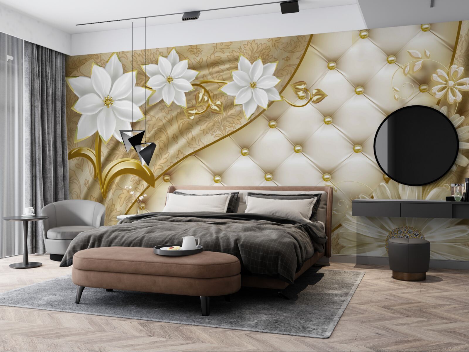 Fotobehang stof versierd met parels, witte bloemen en gouden accenten