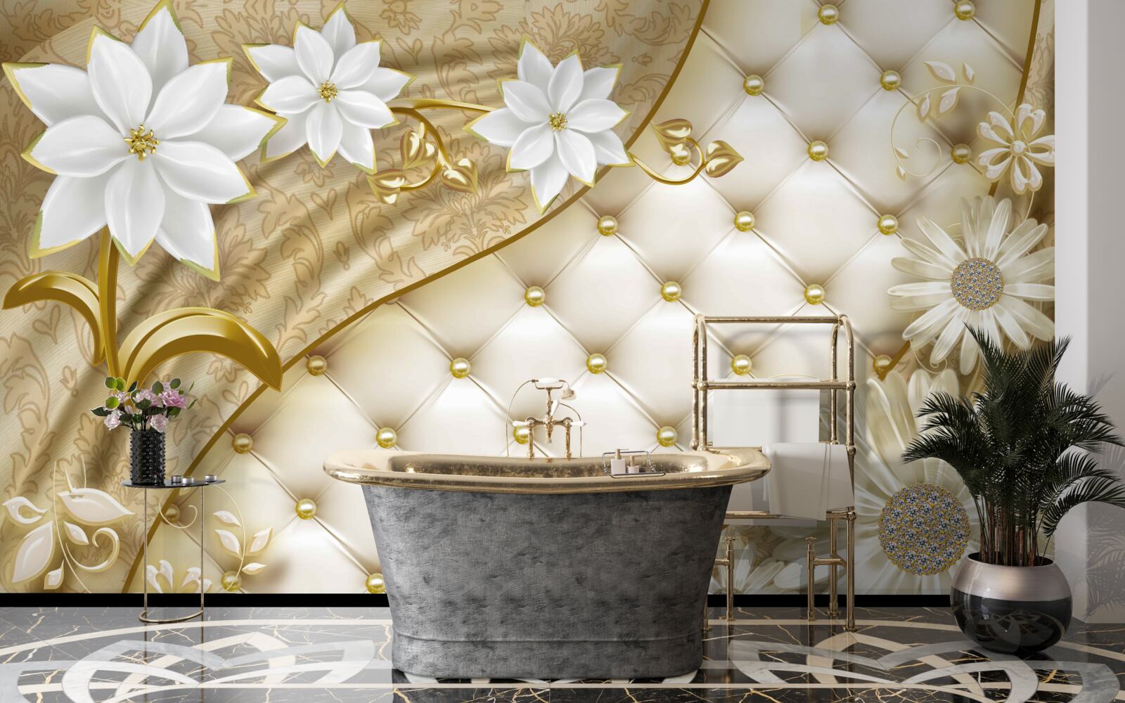 Fotobehang stof versierd met parels, witte bloemen en gouden accenten