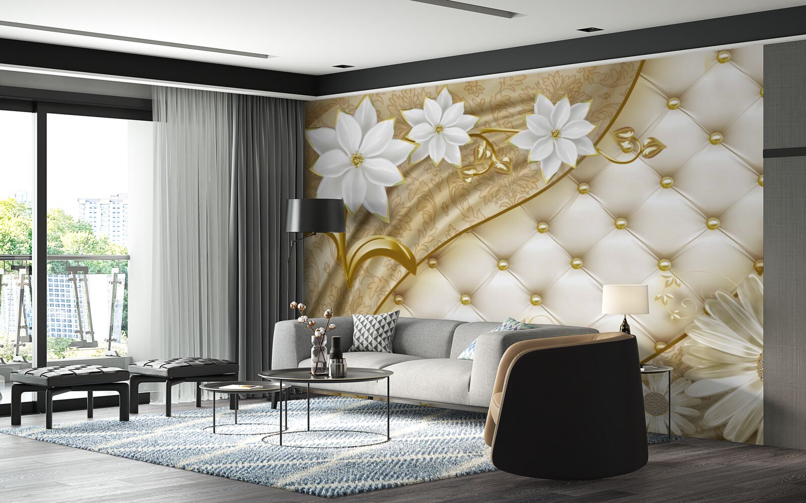 Fotobehang stof versierd met parels, witte bloemen en gouden accenten