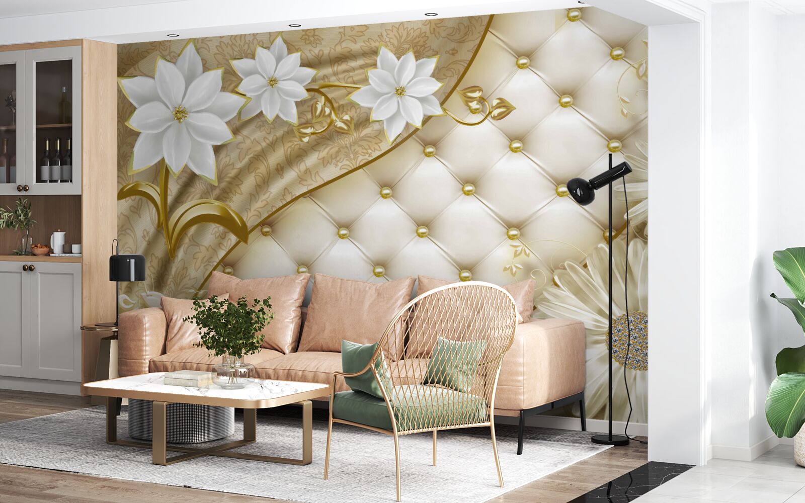 Fotobehang stof versierd met parels, witte bloemen en gouden accenten