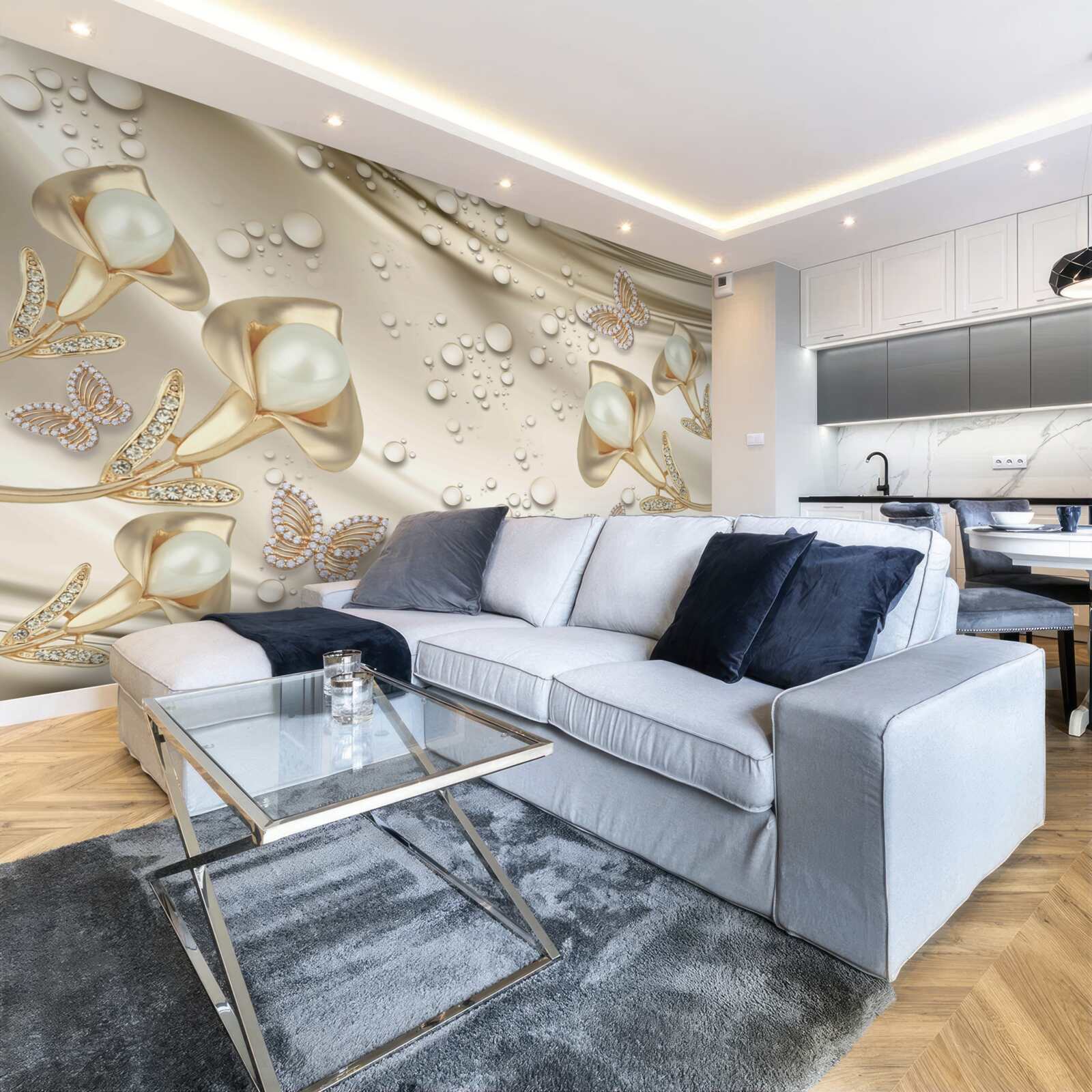 Fotobehang parels in gouden zetting met edelstenen op zijden draad