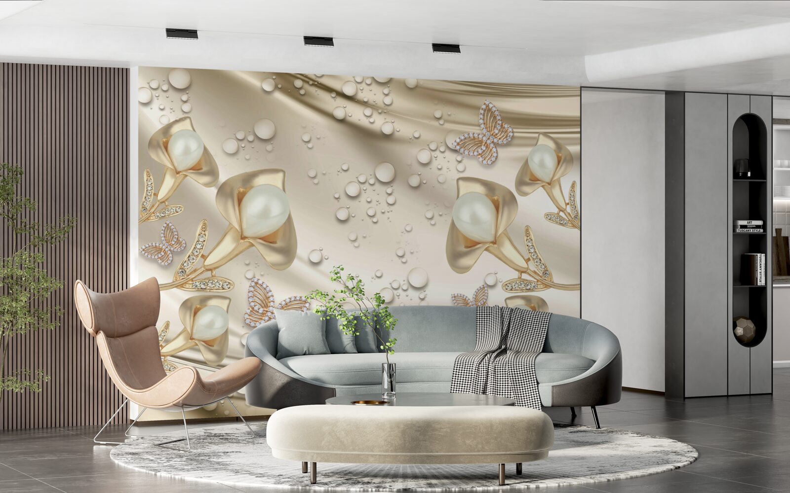 Fotobehang parels in gouden zetting met edelstenen op zijden draad