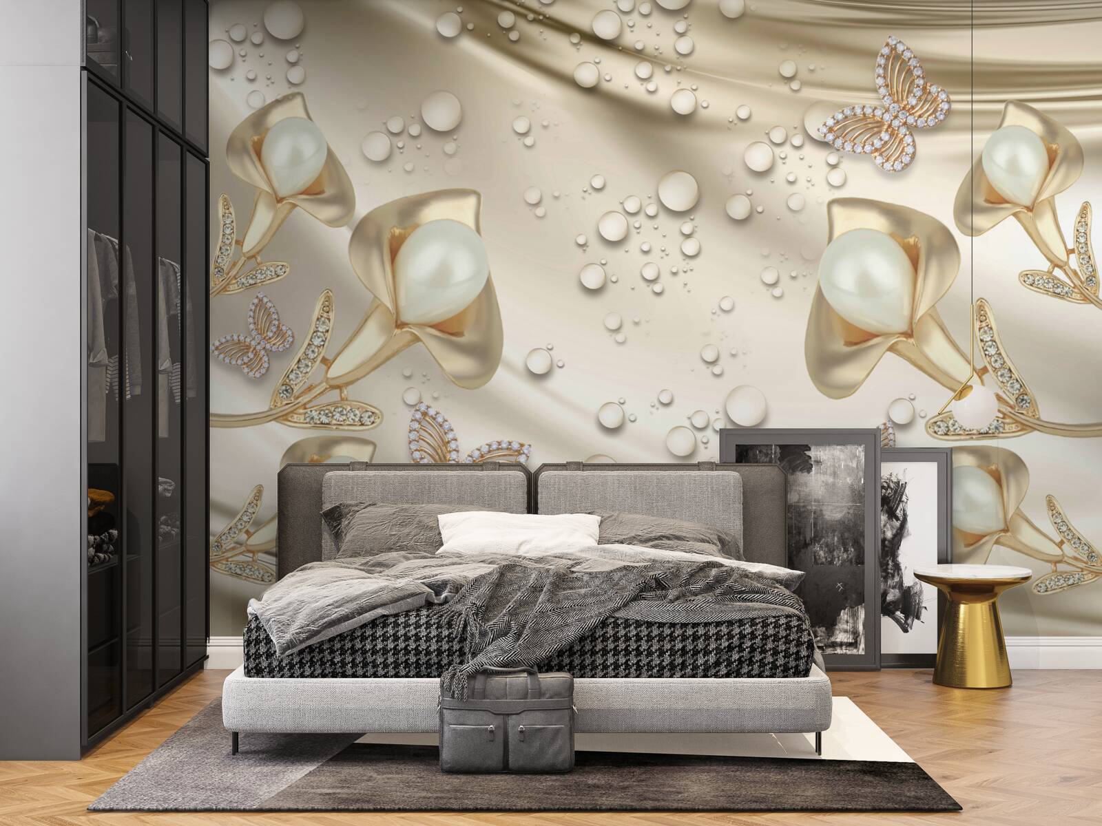 Fotobehang parels in gouden zetting met edelstenen op zijden draad