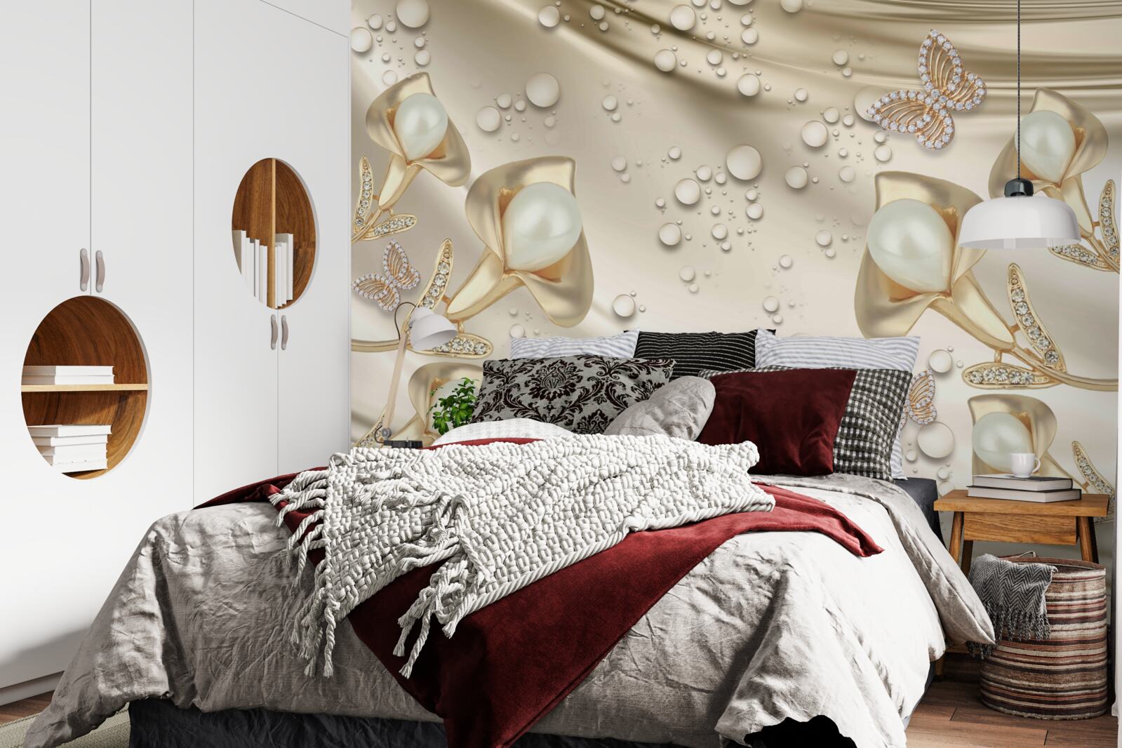 Fotobehang parels in gouden zetting met edelstenen op zijden draad