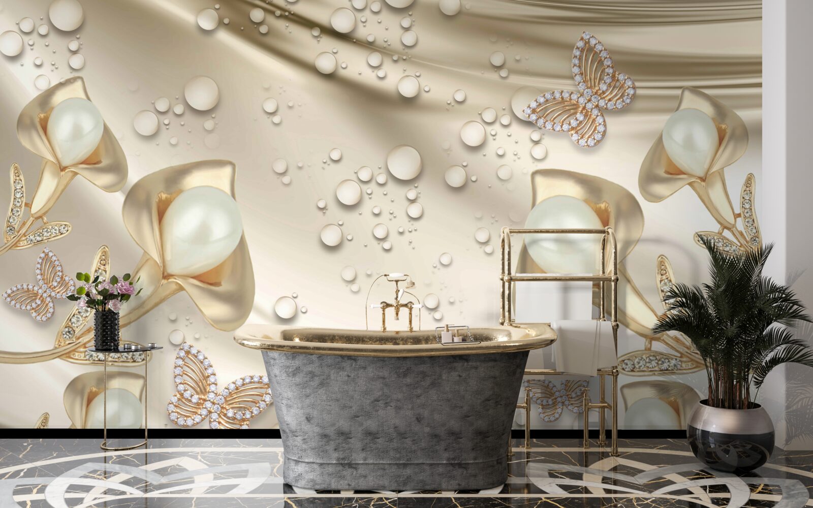 Fotobehang parels in gouden zetting met edelstenen op zijden draad