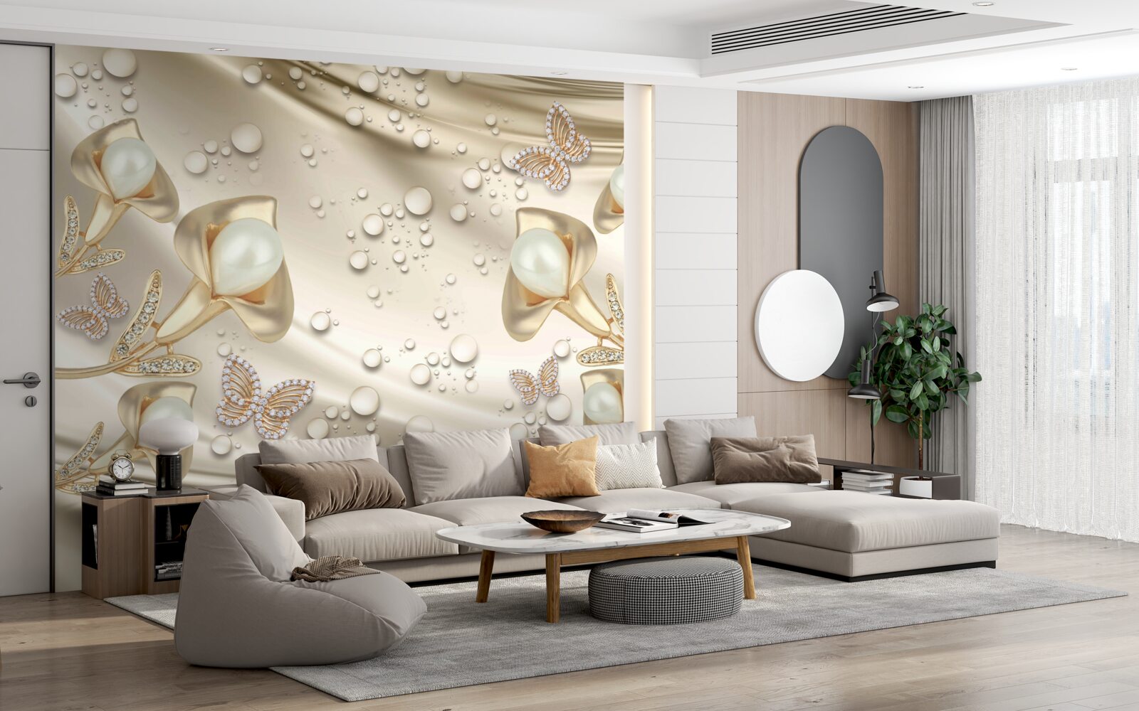 Fotobehang parels in gouden zetting met edelstenen op zijden draad