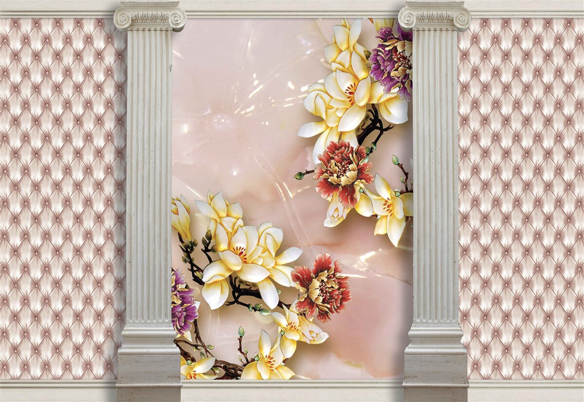 Fotobehang oude hoge bogen en gouden bloemen