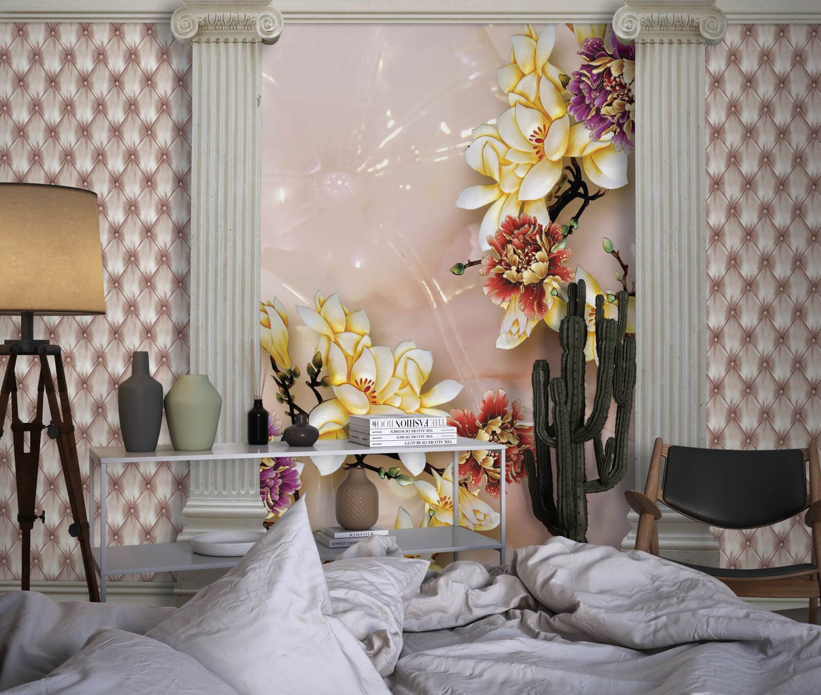 Fotobehang oude hoge bogen en gouden bloemen