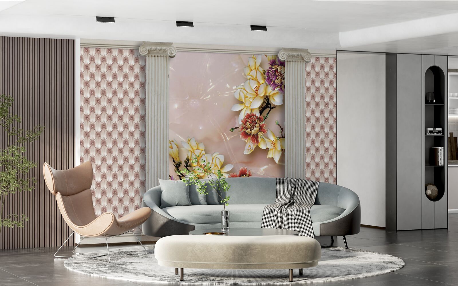 Fotobehang oude hoge bogen en gouden bloemen