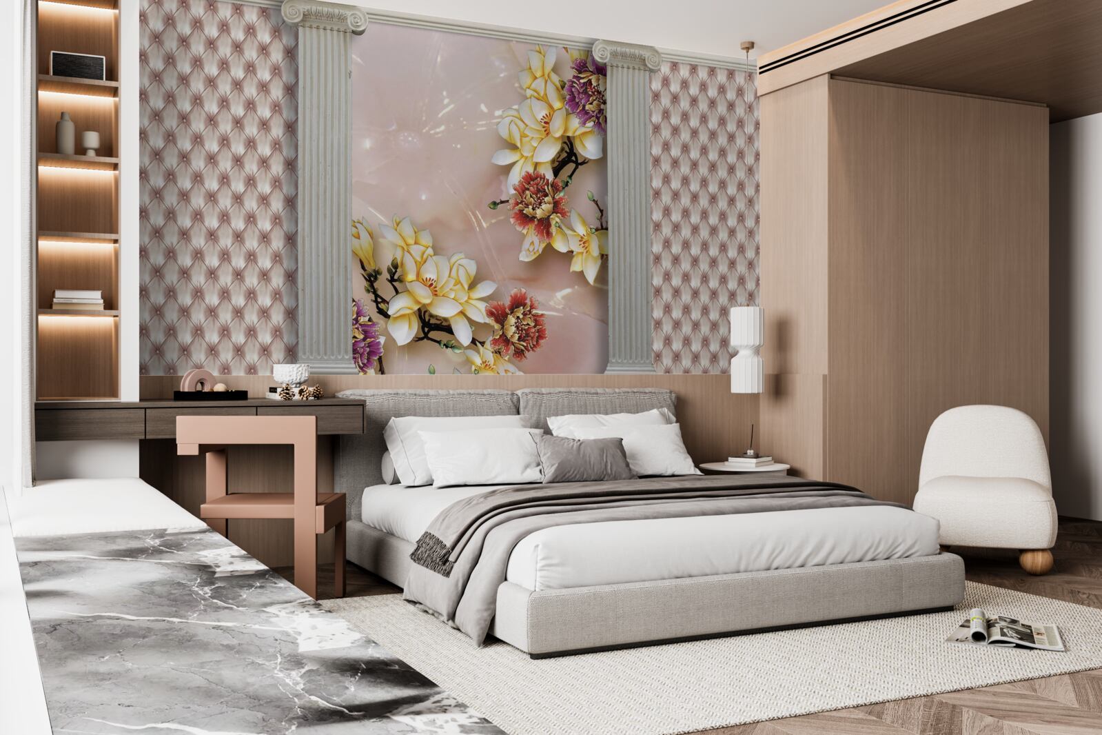 Fotobehang oude hoge bogen en gouden bloemen