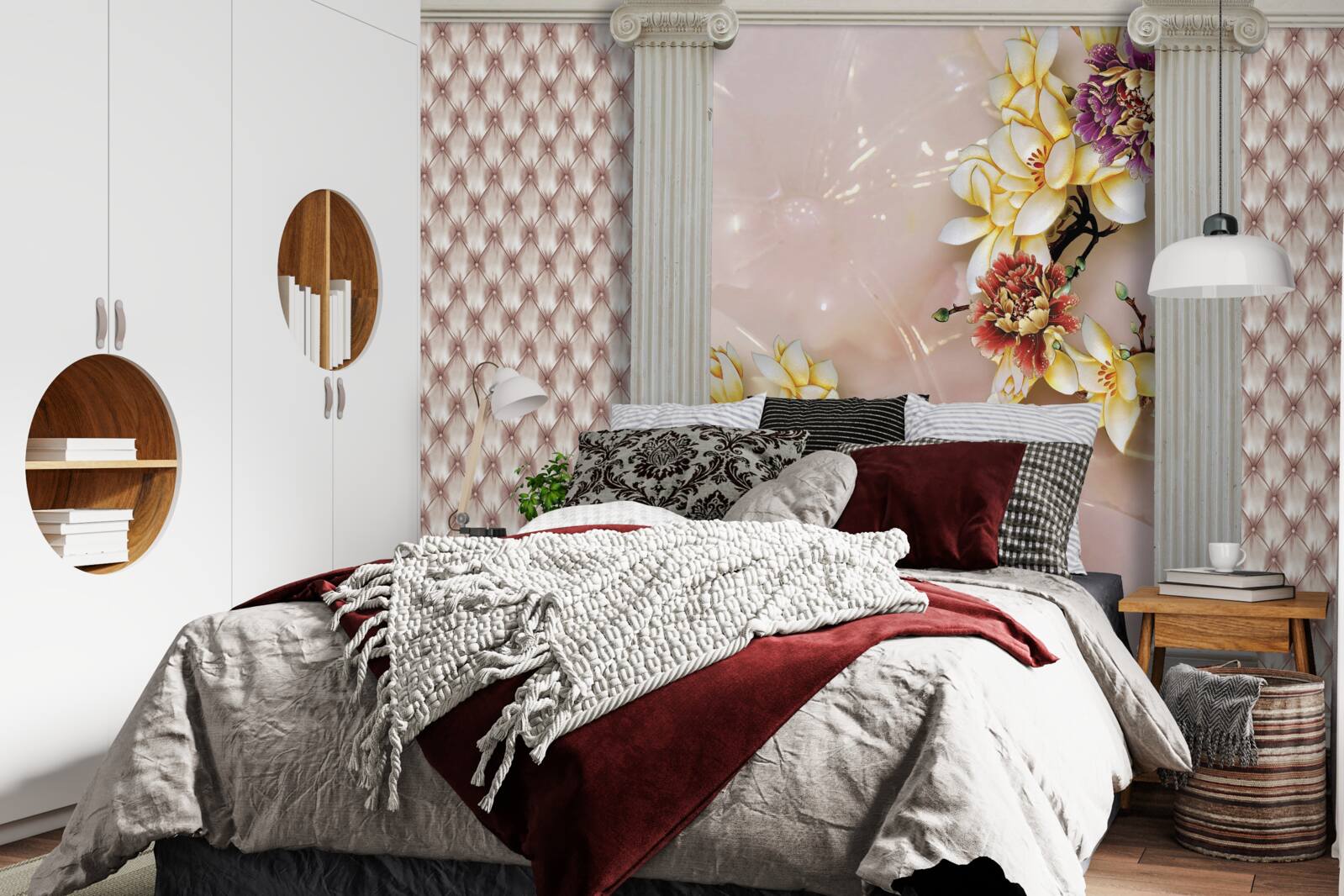 Fotobehang oude hoge bogen en gouden bloemen