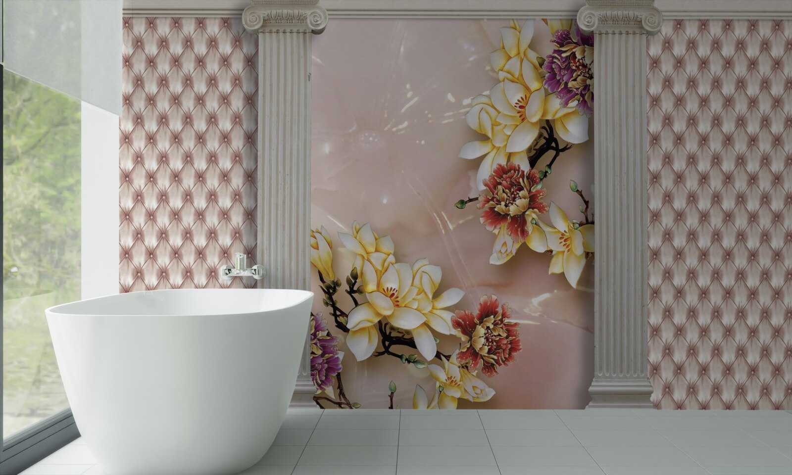 Fotobehang oude hoge bogen en gouden bloemen