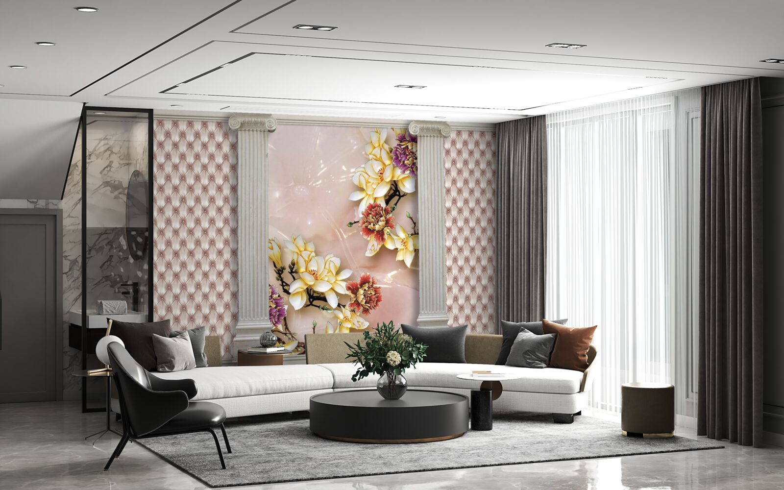 Fotobehang oude hoge bogen en gouden bloemen