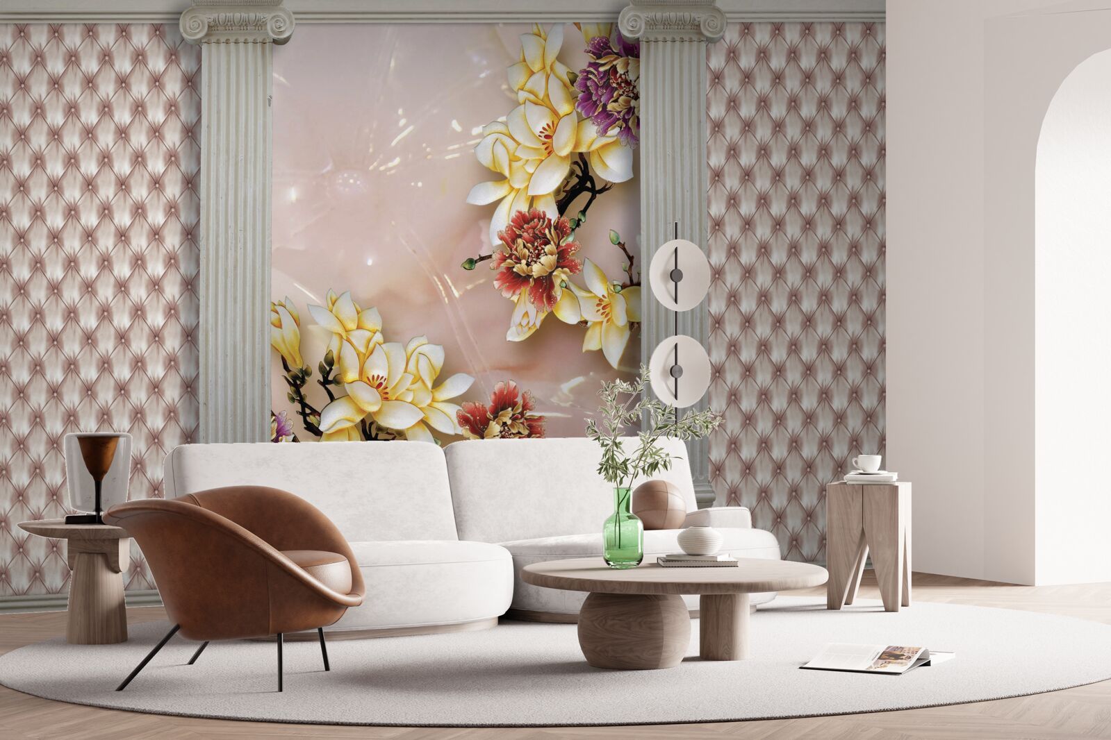 Fotobehang oude hoge bogen en gouden bloemen