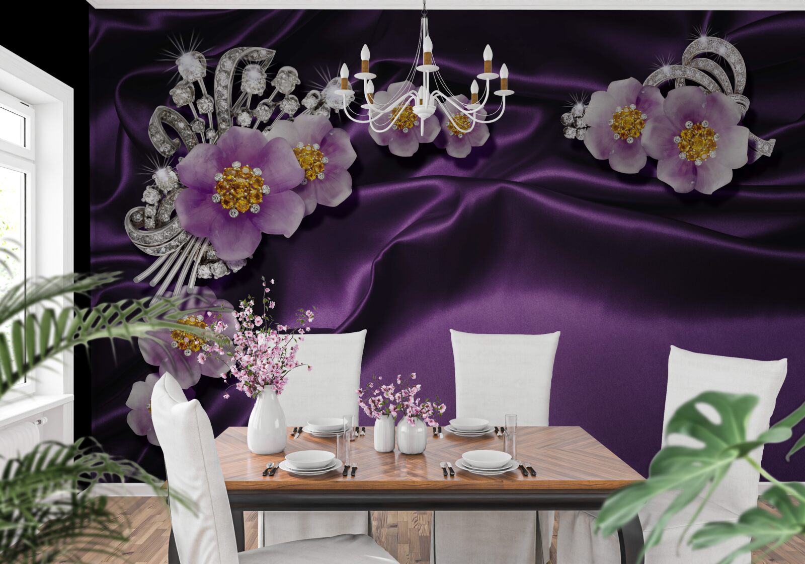 Fotobehang Lila bloemen op donkere zijde met zilveren accenten