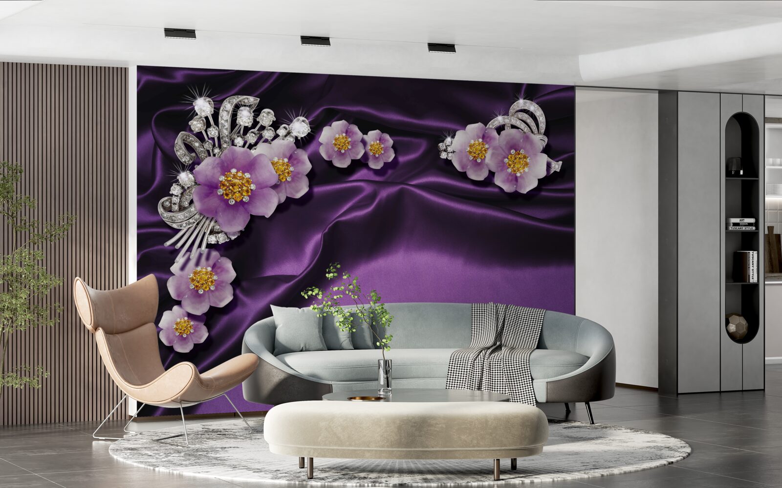 Fotobehang Lila bloemen op donkere zijde met zilveren accenten