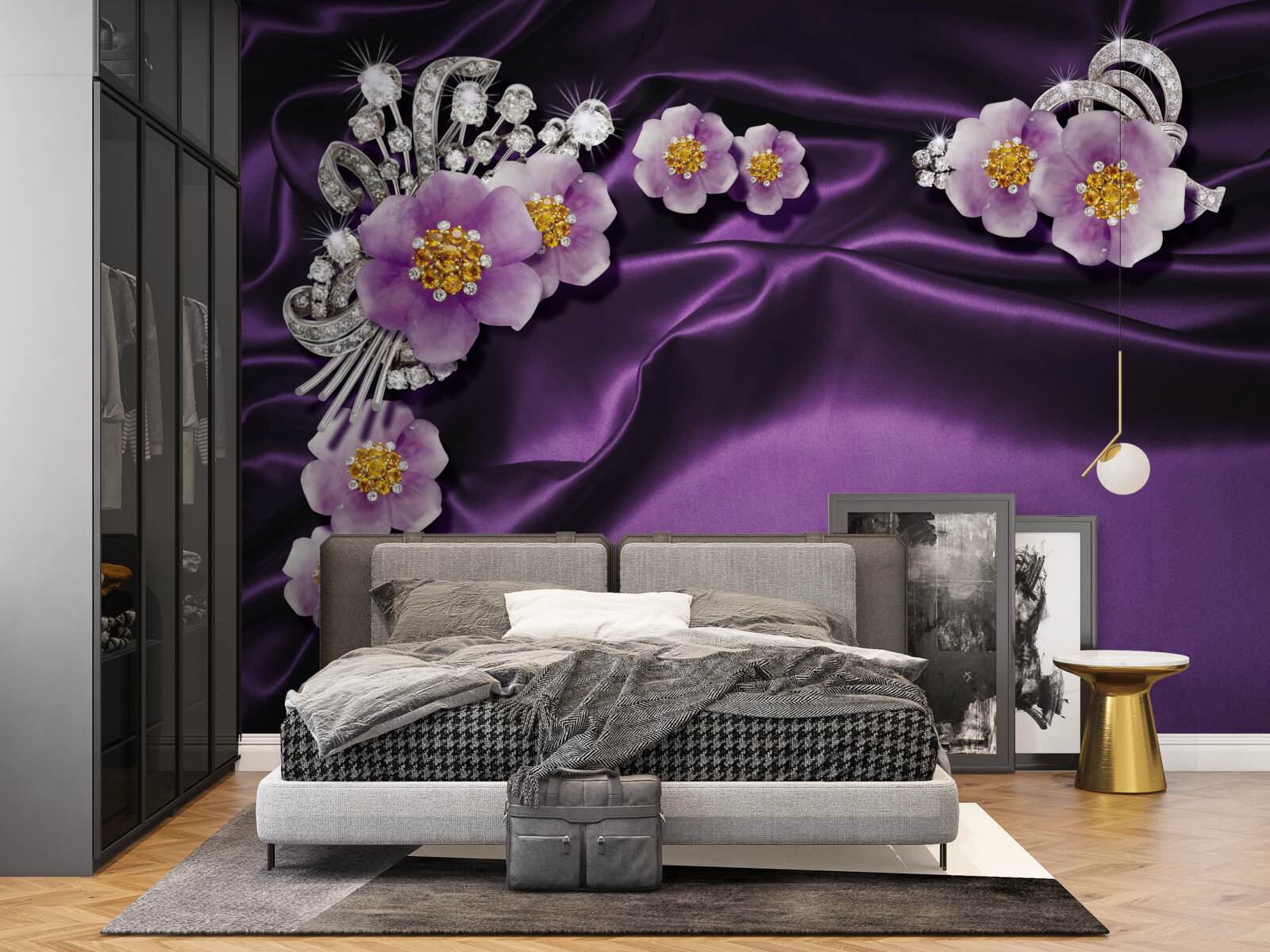 Fotobehang Lila bloemen op donkere zijde met zilveren accenten