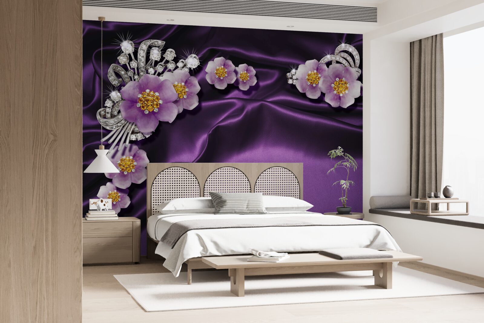 Fotobehang Lila bloemen op donkere zijde met zilveren accenten