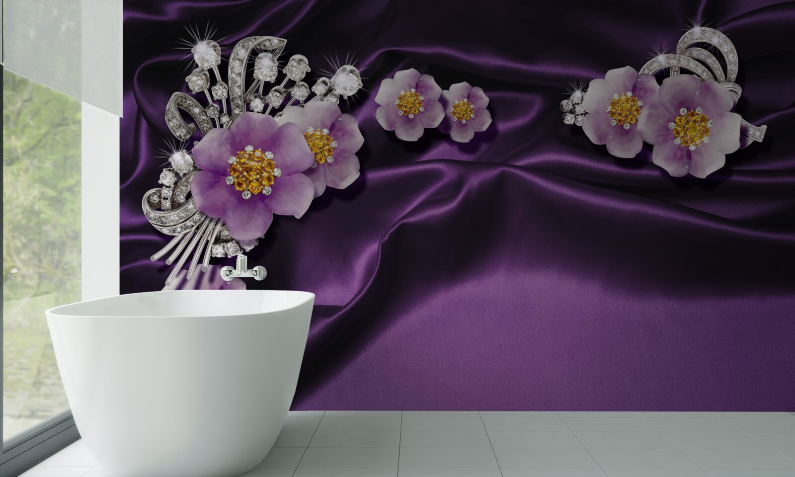 Fotobehang Lila bloemen op donkere zijde met zilveren accenten