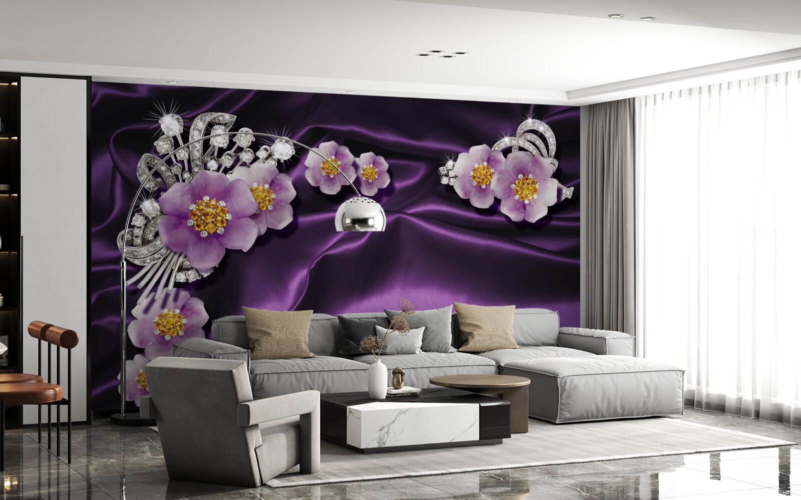 Fotobehang Lila bloemen op donkere zijde met zilveren accenten