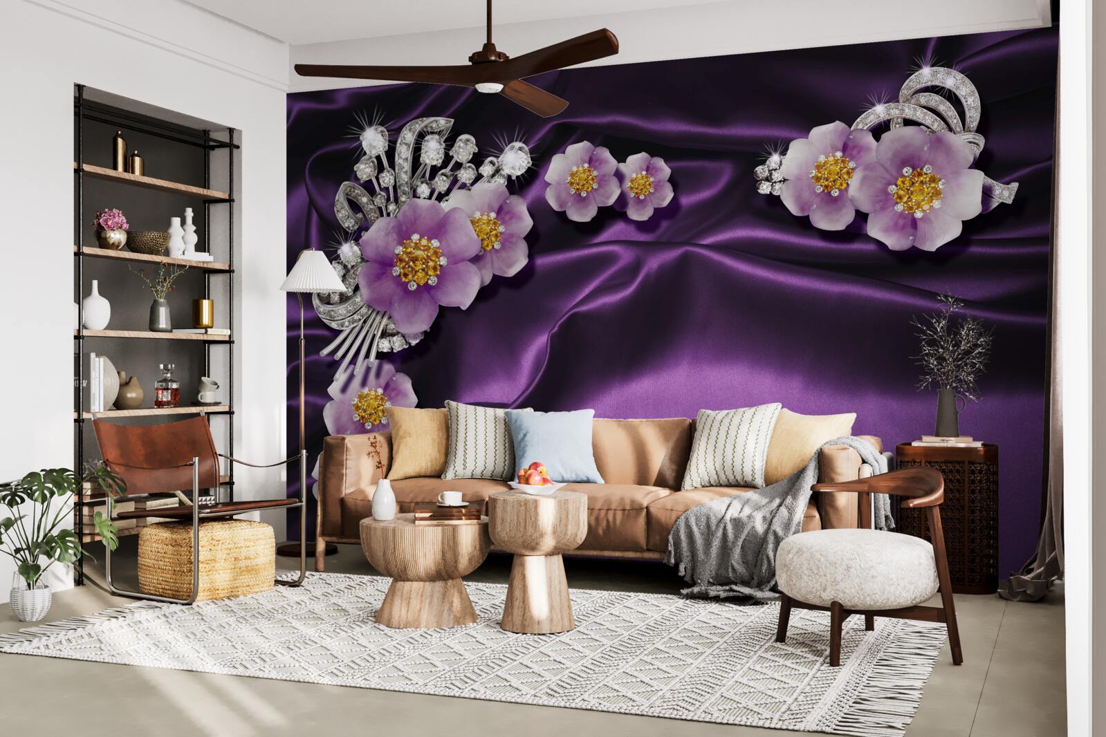 Fotobehang Lila bloemen op donkere zijde met zilveren accenten