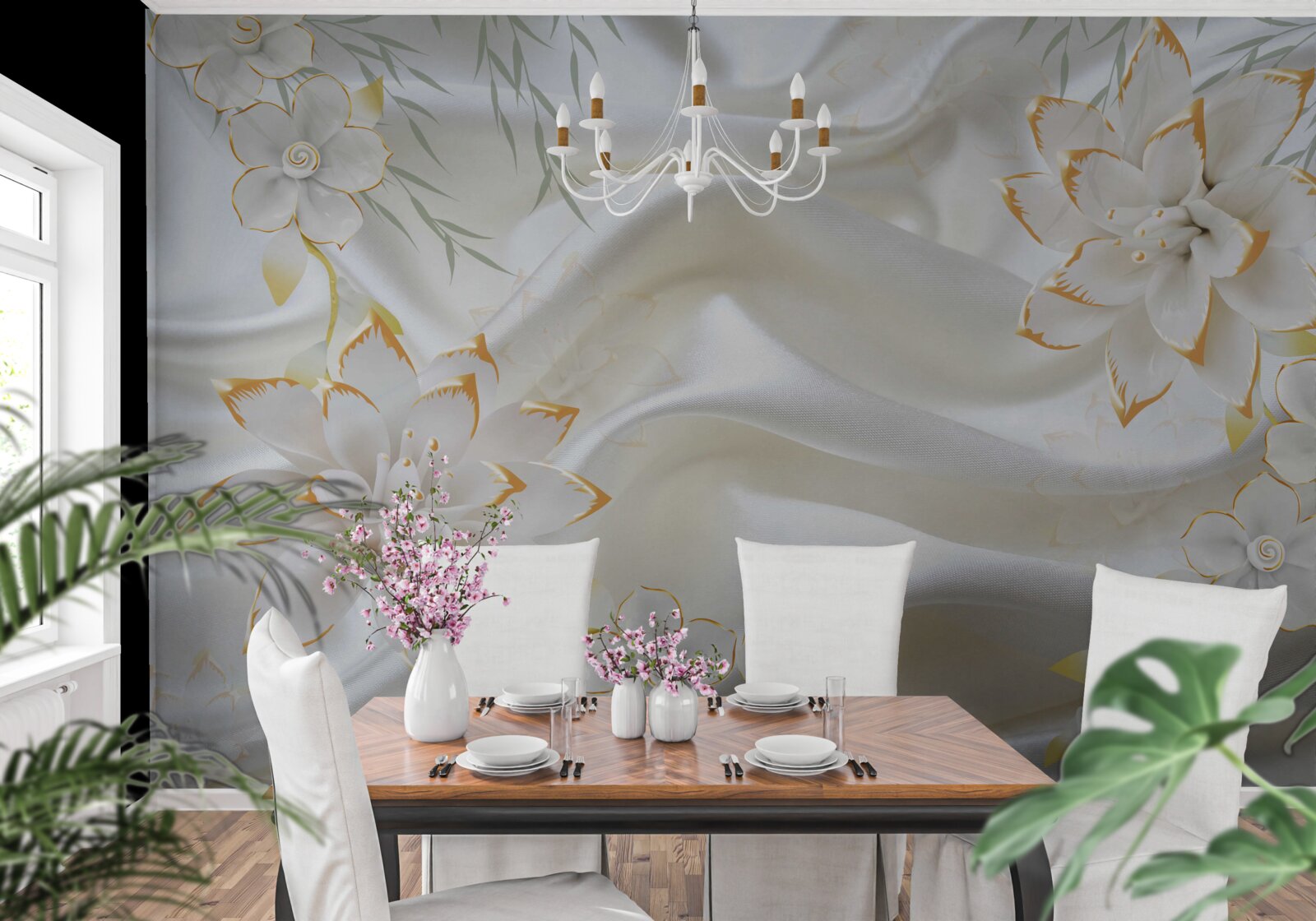 Fotobehang gouden patronen en bloemen op witte zijde