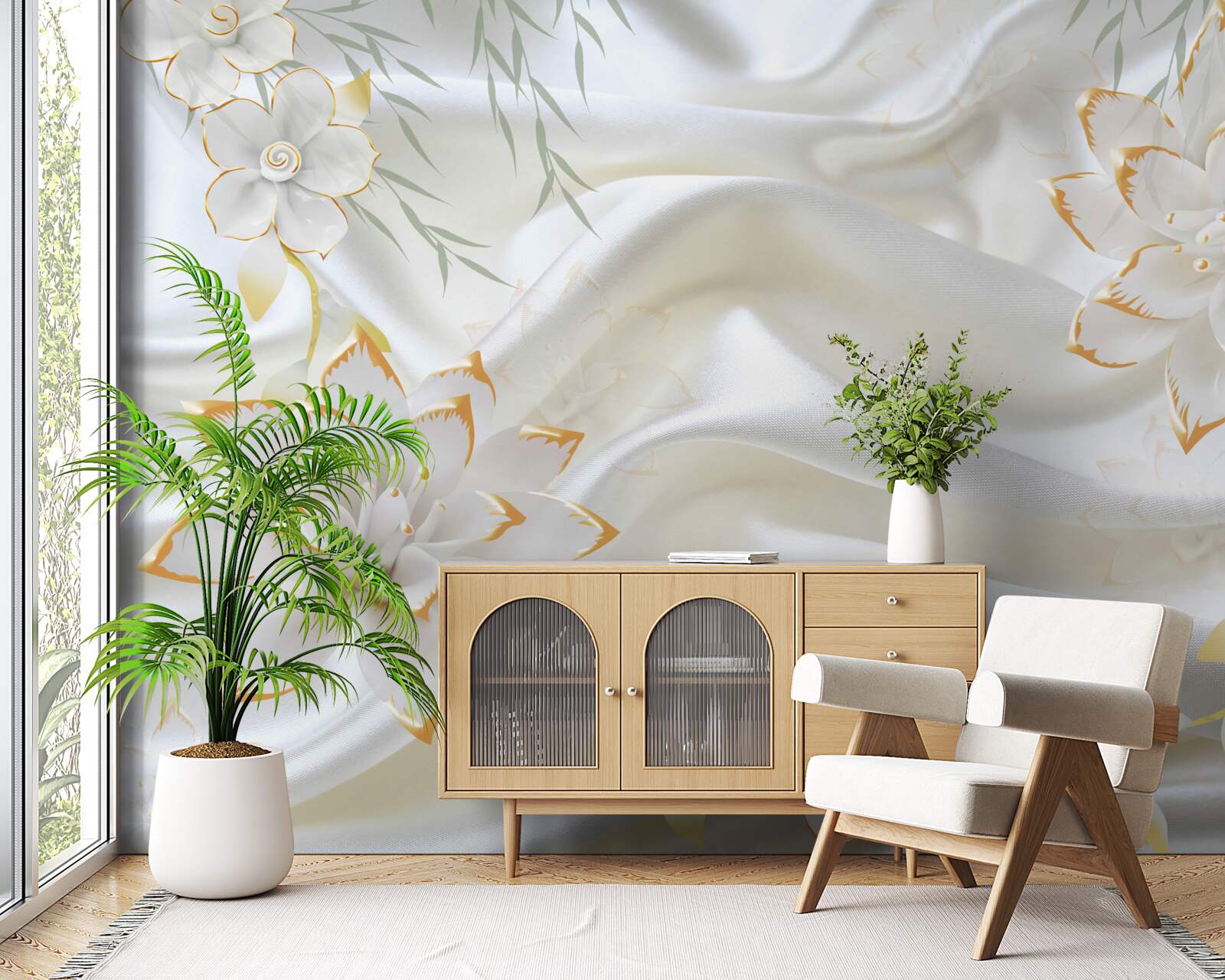 Fotobehang gouden patronen en bloemen op witte zijde